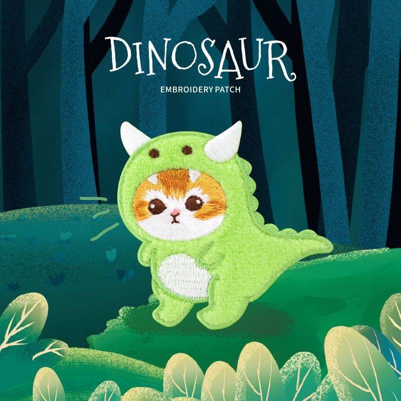 Green Horned Dinosaur Cat embroidery patch - self-adhesive sticker