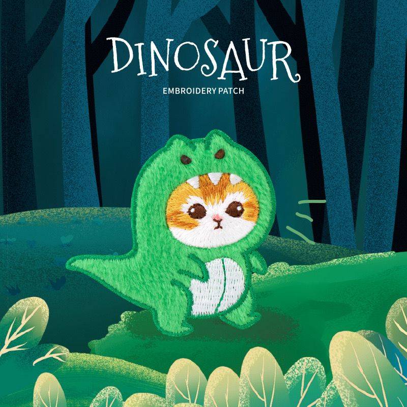 Green T-Rex Dinosaur Cat embroidery patch - self-adhesive sticker