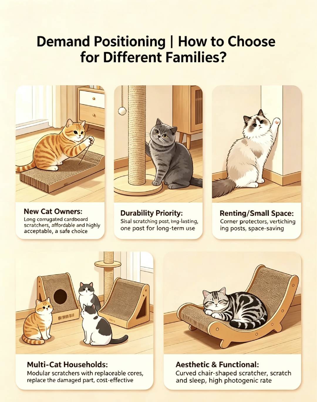 Cat scratcher selection guide for different family types - new owners, durability, small spaces, multi-cat, aesthetic