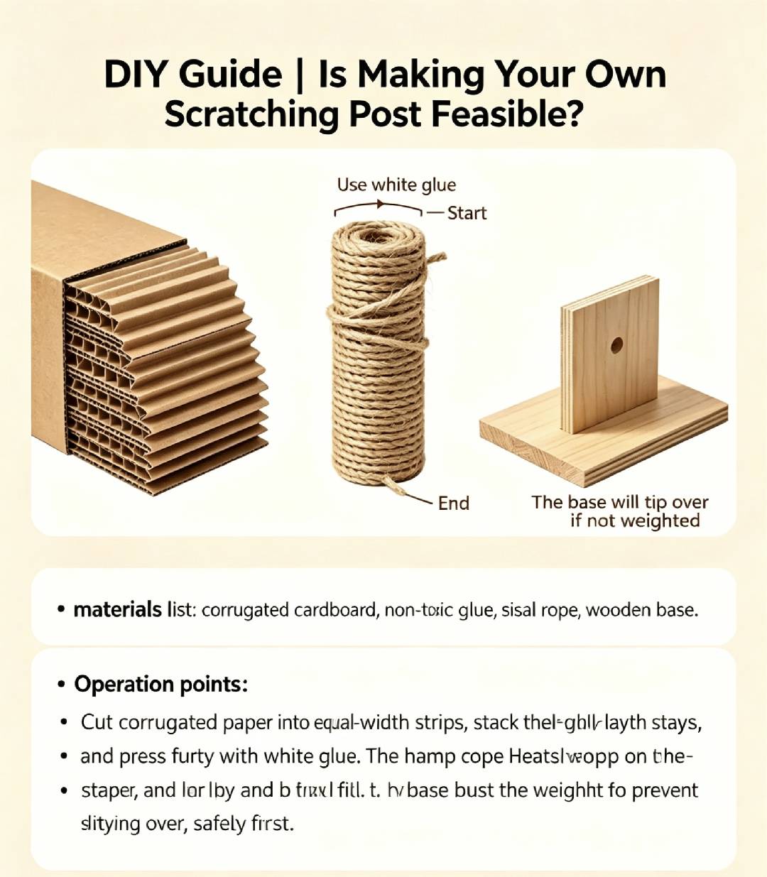 DIY cat scratching post guide - corrugated cardboard, sisal rope wrapping, wooden base