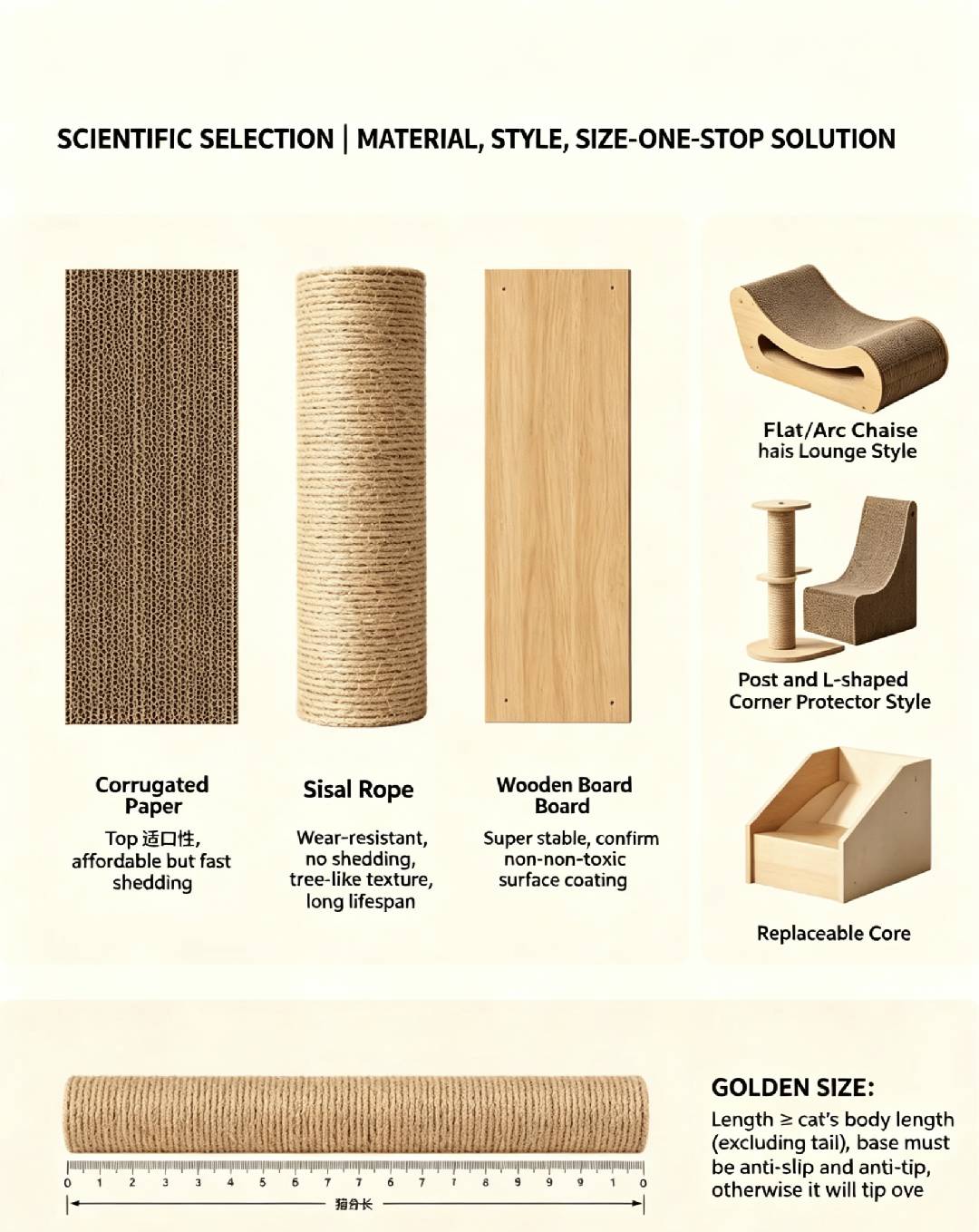 Cat scratching board material comparison - corrugated cardboard, sisal rope, wooden board